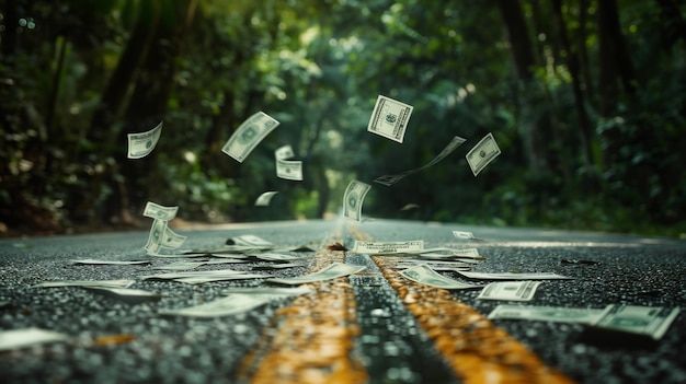 Photo money falling on the road in a forest