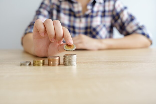 Money, Financial, Business Growth concept, stack of coins to thinking and planning.