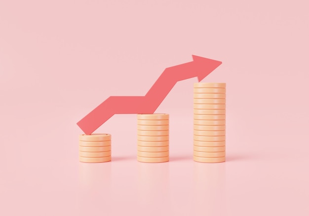 Money growth concept Red up arrow and coin stacks Financial success Economic growth online payment business money investment profit coin cash 3d icon render illustration cartoon minimal