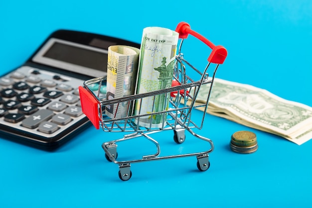 Money loves bill. Shopping basket with euro, dollar and calculator. Close-up.