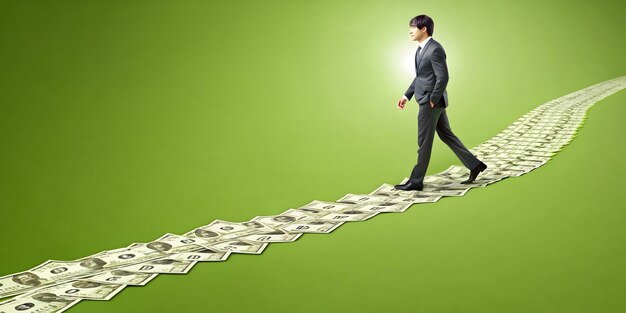 Photo money path concept person walking on cash trail in business illustration