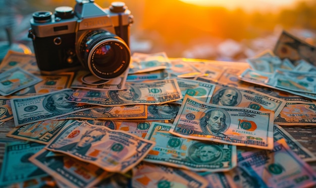 Photo money photos scattered on a wooden table vibrant colors