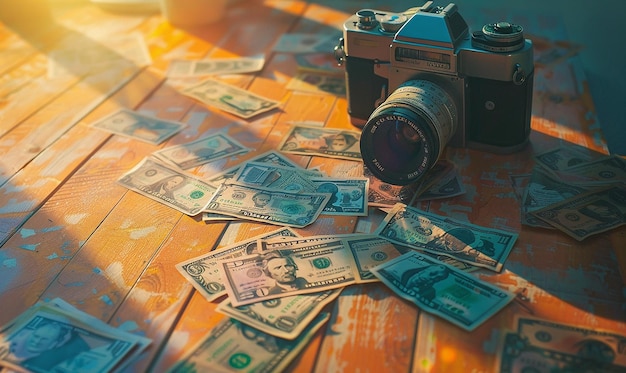 Photo money photos scattered on a wooden table vibrant colors