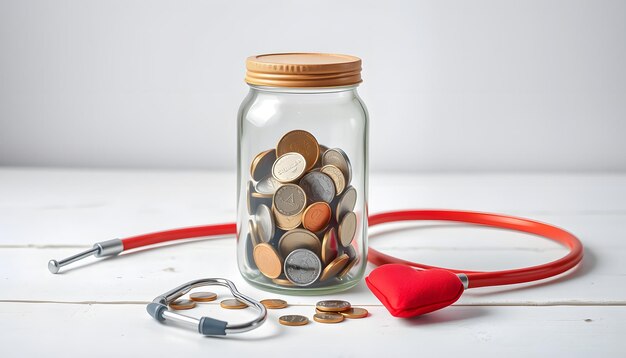 Photo money saving and health care concept a jar contains coins with stethoscope and handmade red heart