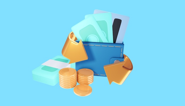 Money Saving icon concept. Wallet, bill, coins stack, and credit card. 3d illustration.