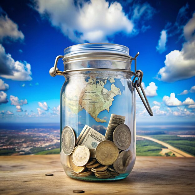 Money savings in a glass jar on blue sky background Travel concept