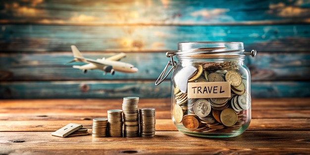 Money savings in a glass jar on wooden background Travel concept