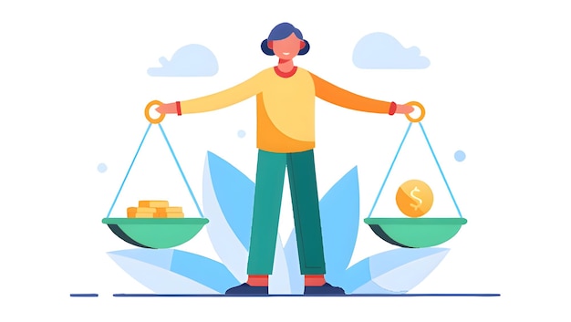 Photo money scale concept person holding balanced scales with money in a flat vector illustration for a s