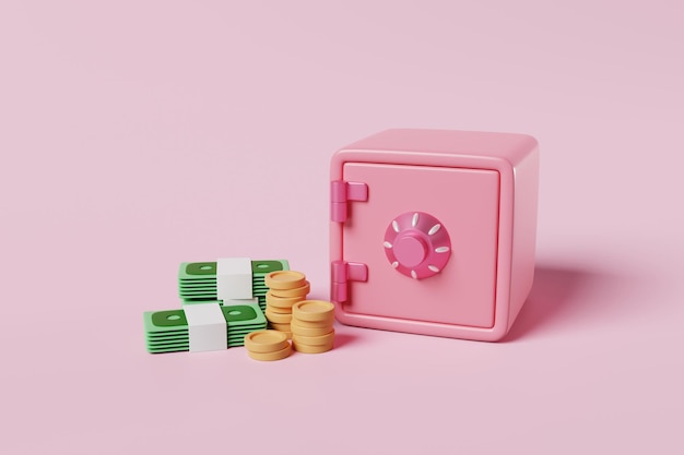 Photo money stacking banknotes and coins with pink safe box or vault on pink background money savings inflation crisis financial safety concept 3d rendering