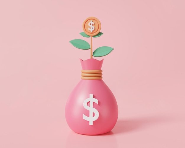 Money tree plant with bag money on pink background Saving money concept finance sustainable development business income storage money money investment economic growth 3d render illustration