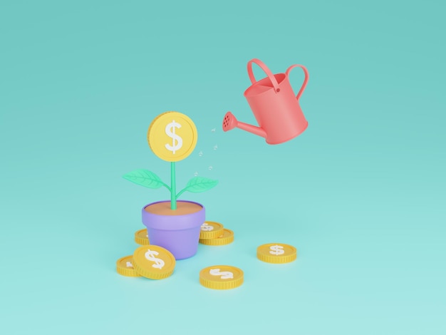 money tree plant with coin flower watering can and stack coins 3d illustration