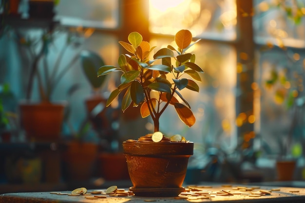 Photo a money tree in a pot with golden coins growing on its branches indoor setting soft lighting high