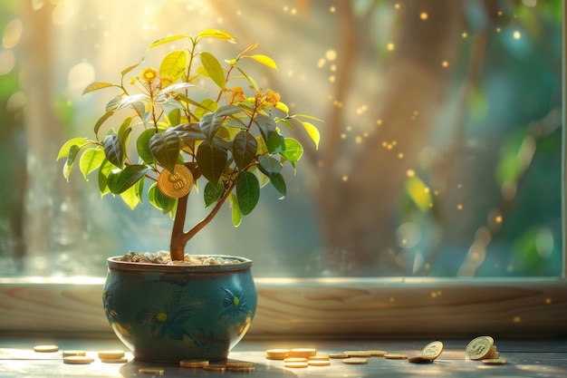 Photo a money tree in a pot with golden coins growing on its branches indoor setting soft lighting high