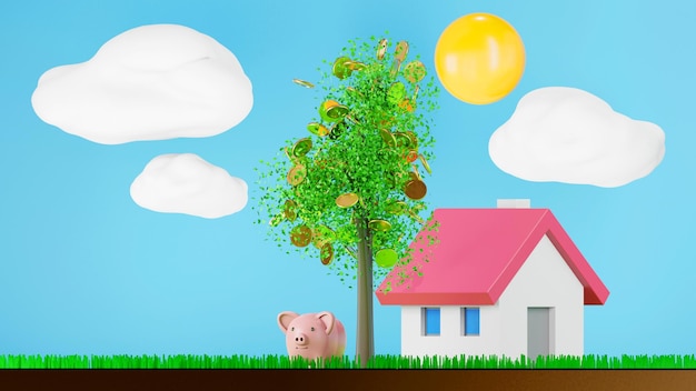 Money tree with coin and leaf coin falling around model house and piggy bank 3D rendering