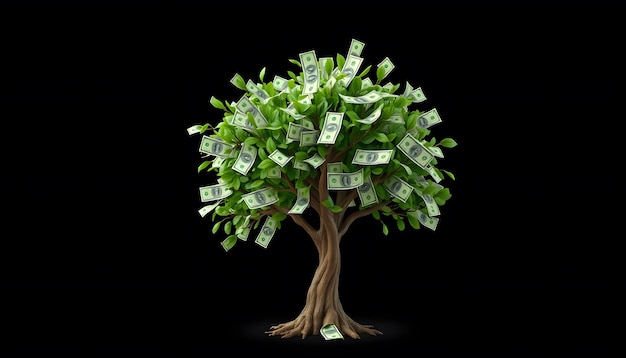 Money tree with dollars instead of leaves Creative concept of investment financial literacy and