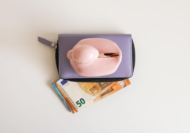 Moneybox on the purple leather wallet with euro banknotes on light background