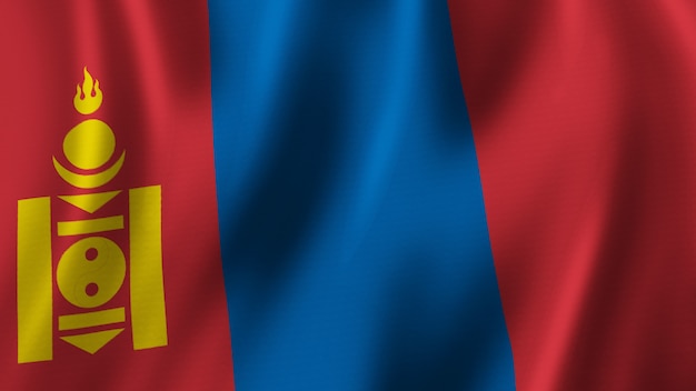 Mongolia Flag Waving Closeup 3D Rendering With High Quality Image with Fabric Texture