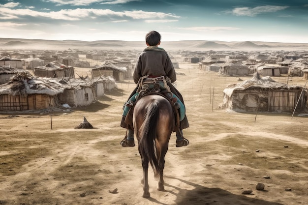 Mongolian ancient child boy on horse Generate Ai