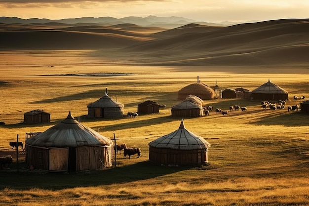 Mongolian bags and cattle sheep and horse groups on the grassland