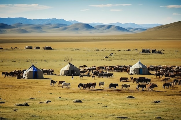 Mongolian bags and cattle sheep and horse groups on the grassland