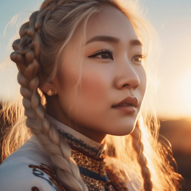 Mongolian young adult in vintage outfit with ethereal makeup fishtail braids golden hour capture