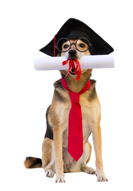 Mongrel dog with cap glasses and graduation diploma