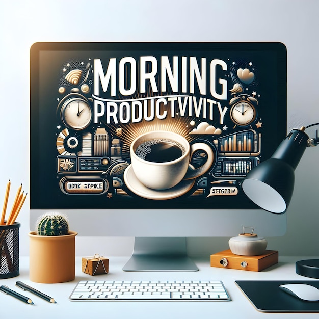 Photo monitor and coffee mug with morning productivity text isolated on white background concept as camera