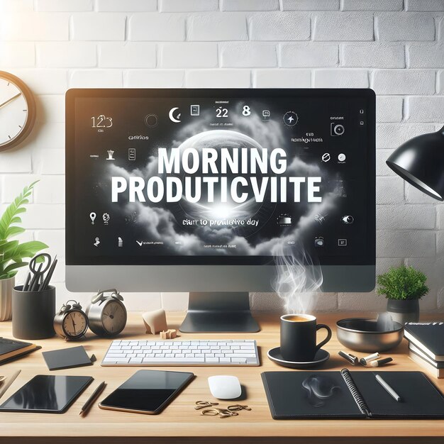 Photo monitor and coffee mug with morning productivity text isolated on white background concept as camera