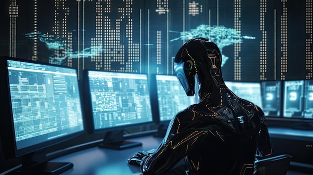 Monitor cybersecurity measures based on artificial intelligence to protect sensitive data Modern technologies world of the future robots cyborgs Harmony between human concept Generative by AI