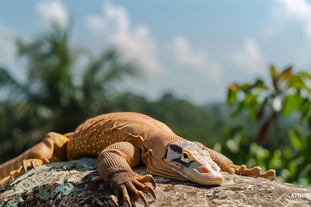 Photo a monitor lizard lying on a rock in the jungle high quality high resolution