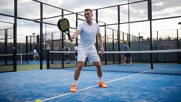 Monitor of padel holding black racket with yellow tennis ball over class to student on outdoor tenn