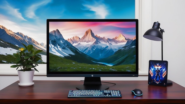 Photo a monitor that is on a desk with mountains in the background