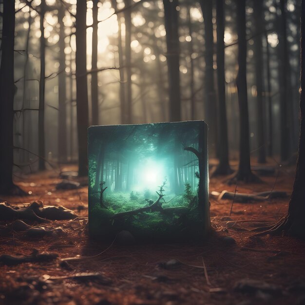 Photo a monitor with a green glow in the middle of the forest