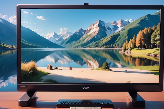 A monitor with a mountain scene on it