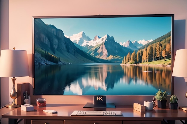 A monitor with a mountain on the screen is on a desk.