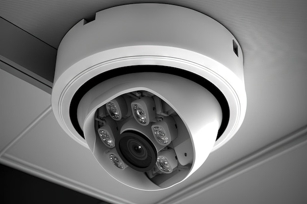 For monitoring recording and protecting property realistic detailed ceiling CCTV security camera closeup view technology is used an example of a control element