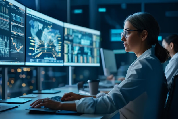 Monitoring room with female data scientist analysing data on screens