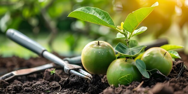 Photo monk fruit plants thriving in fertile soil with gardening tools in the background concept gardening monk fruit plants fertile soil gardening tools thriving plants