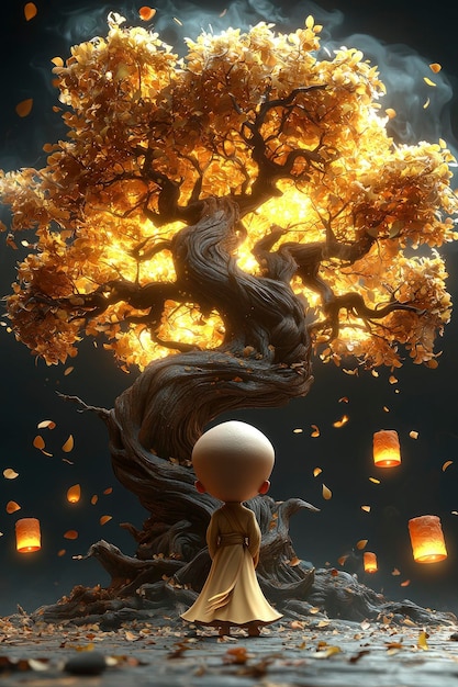 Monk Under a Golden Tree with Floating Lanterns