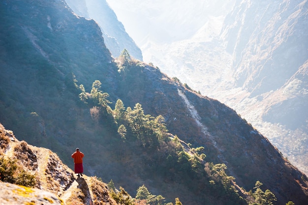 Monk in Himalaya mountains in early morning. Tengboche. Khumbu valley, Everest region, Nepal