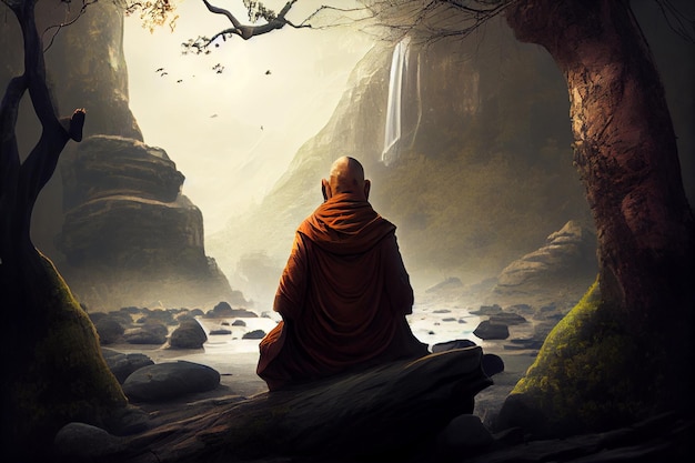 Monk meditates in the nature backgroundgenerative ai