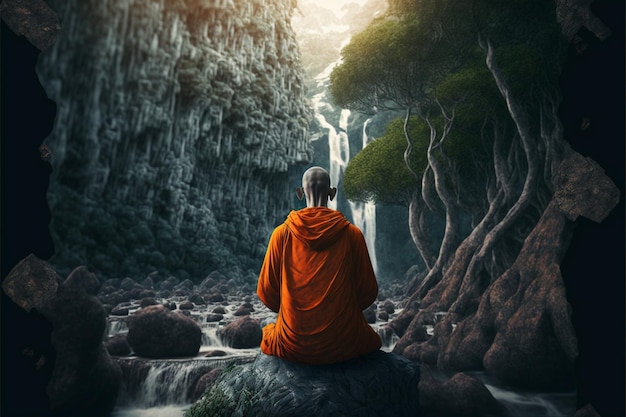 Monk meditates nature waterfall background