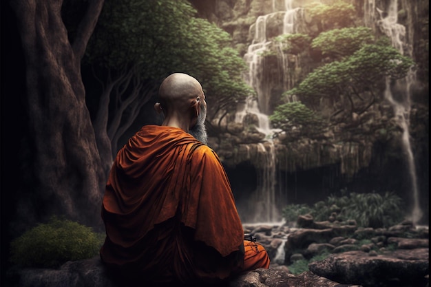 Monk meditates nature waterfall background