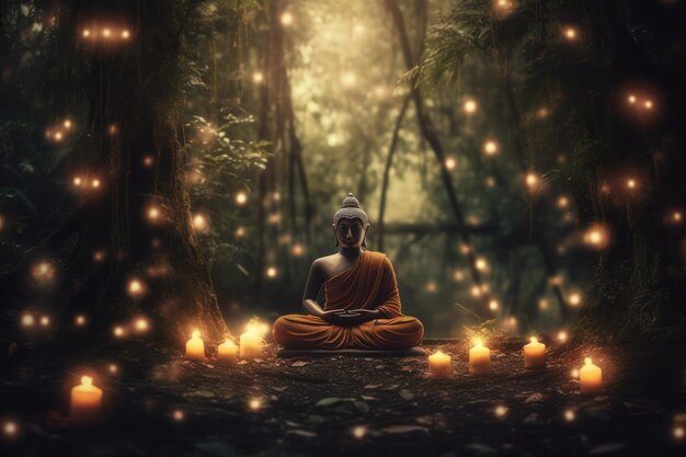 A monk meditating in a forest with candles in the foreground.