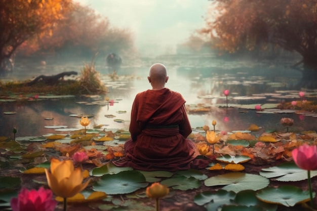 A monk meditating in front of a pond with water lilies.