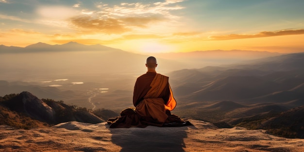 A monk meditating in front of a sunset