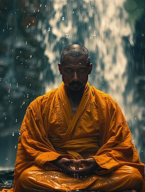 Photo a monk meditating in the rain