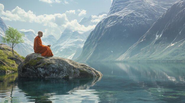 Monk meditating on a rock in the middle of a lake