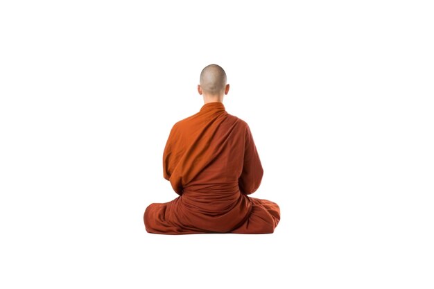 A monk in orange robe sits in a lotus position with his back to the camera.