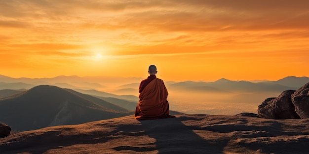 A monk sits on a cliff and looks at the sunset.